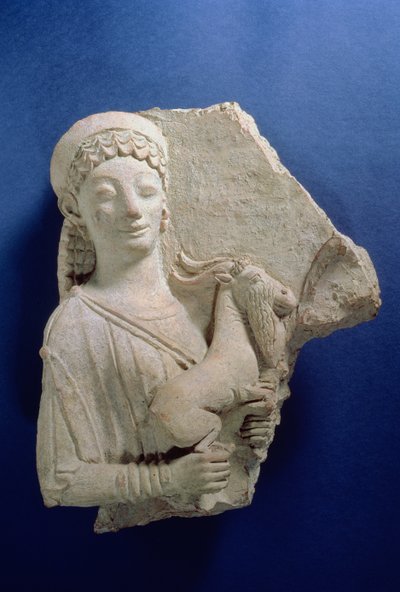 Relief of a Woman Holding a Goat, Archaic Period, c.500 BC by Greek